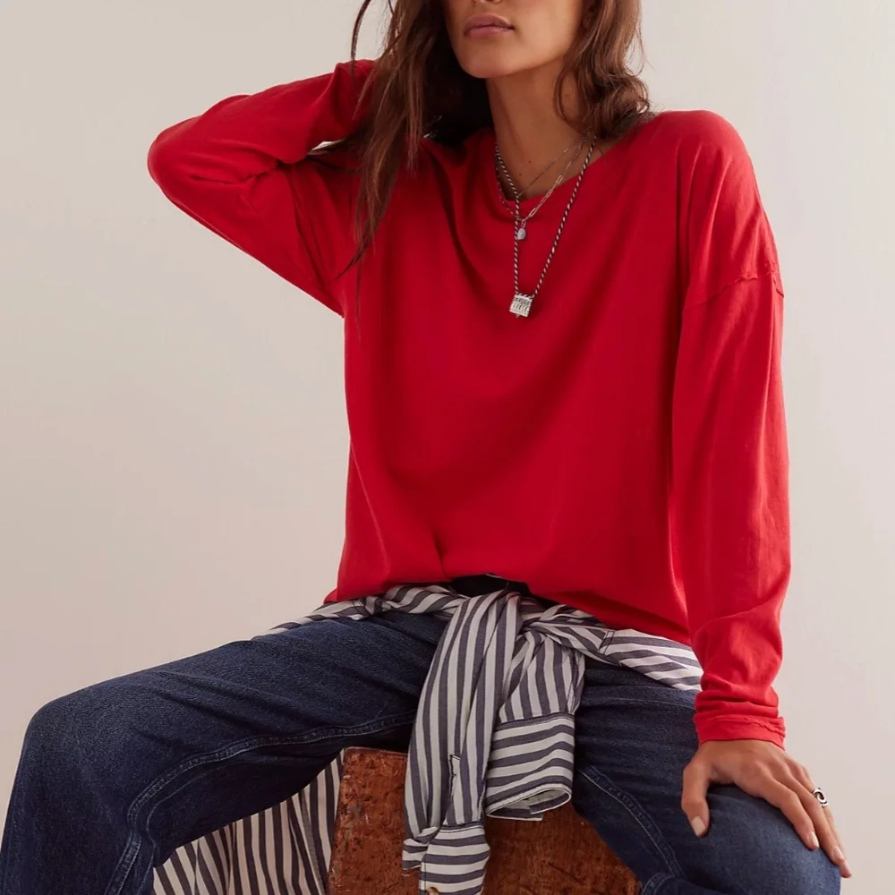 Free People We The Free Nina Long-Sleeve Tee in Rusted Red - Picture 1 of 4